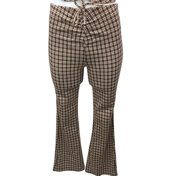 Princess Polly Brown Plaid Checkered Halter Crop Top & Bell Bottom Pants Set 0 - Picture 4 of 6